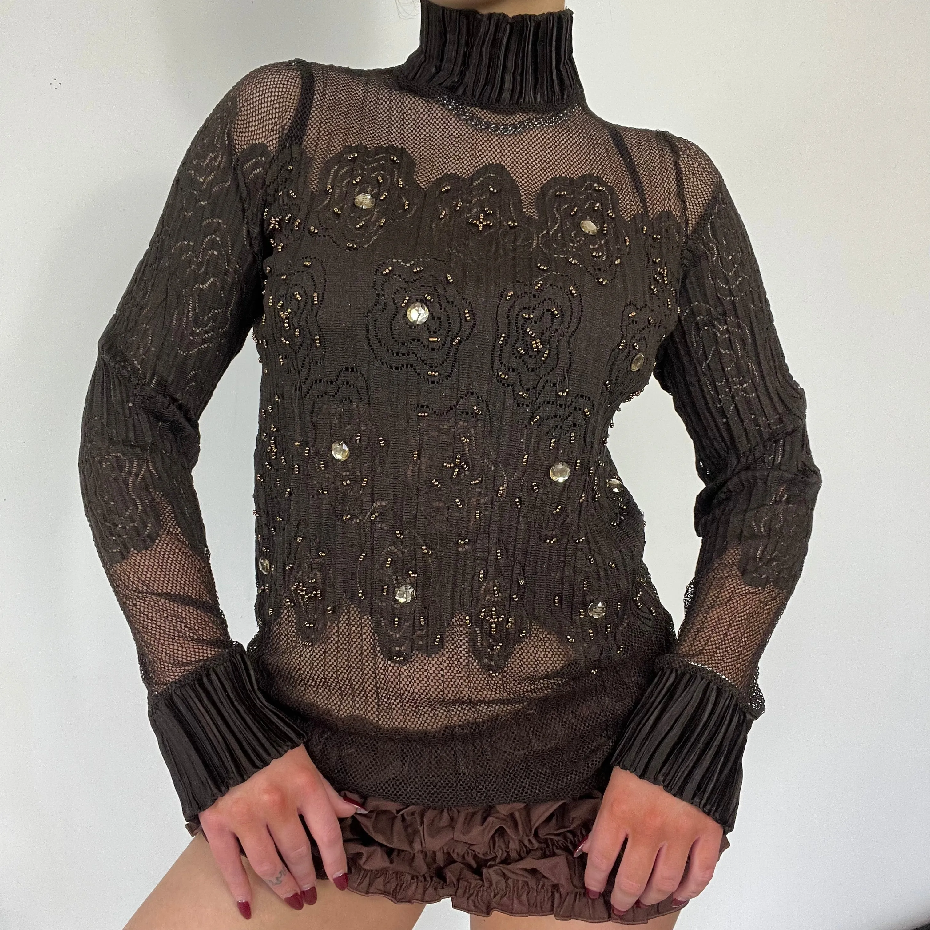 90s mesh sequin turtle neck long sleeve - Size S/M