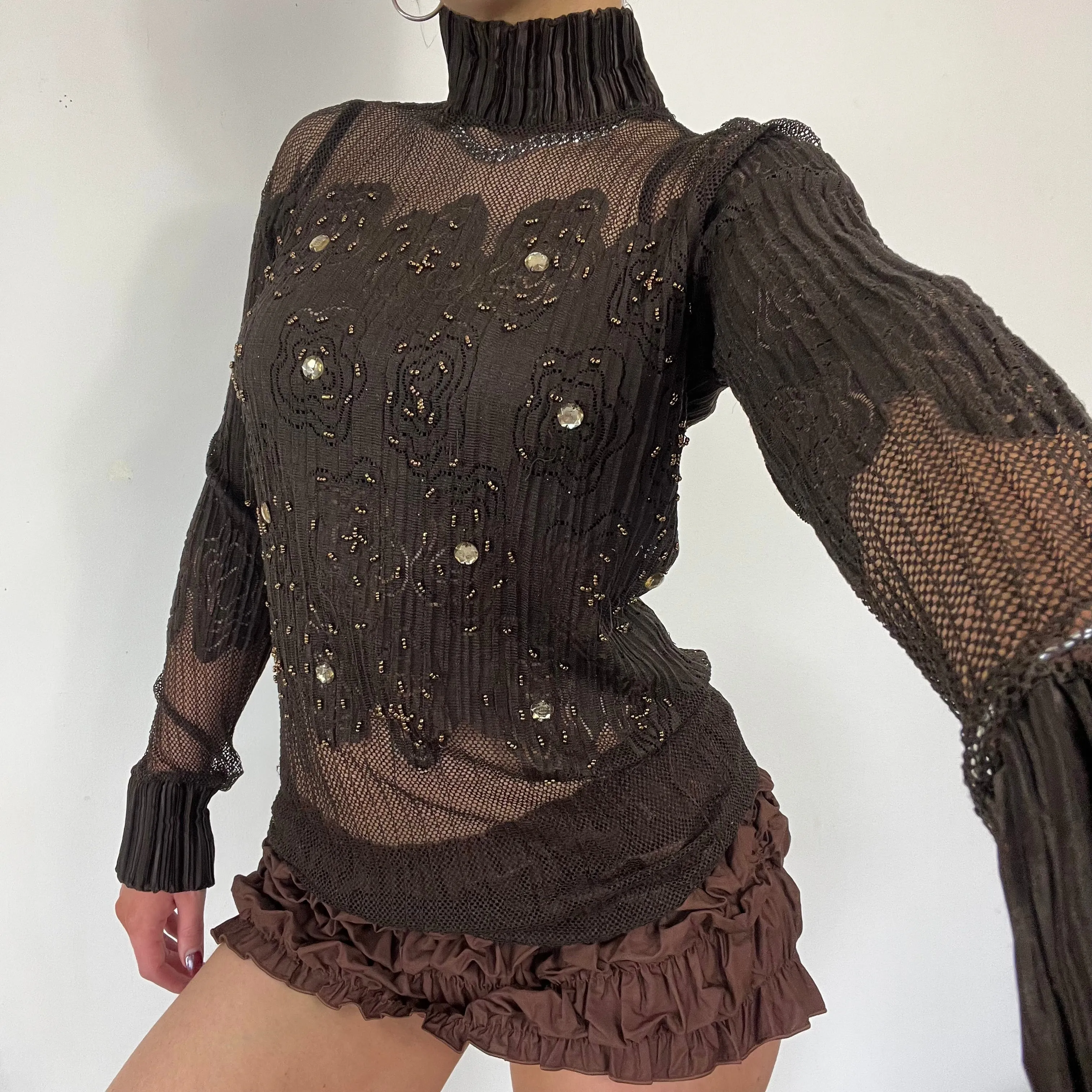 90s mesh sequin turtle neck long sleeve - Size S/M