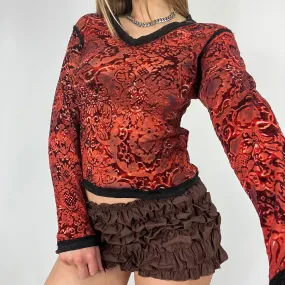 90s red black velvet mesh long sleeve top - Size S/M
