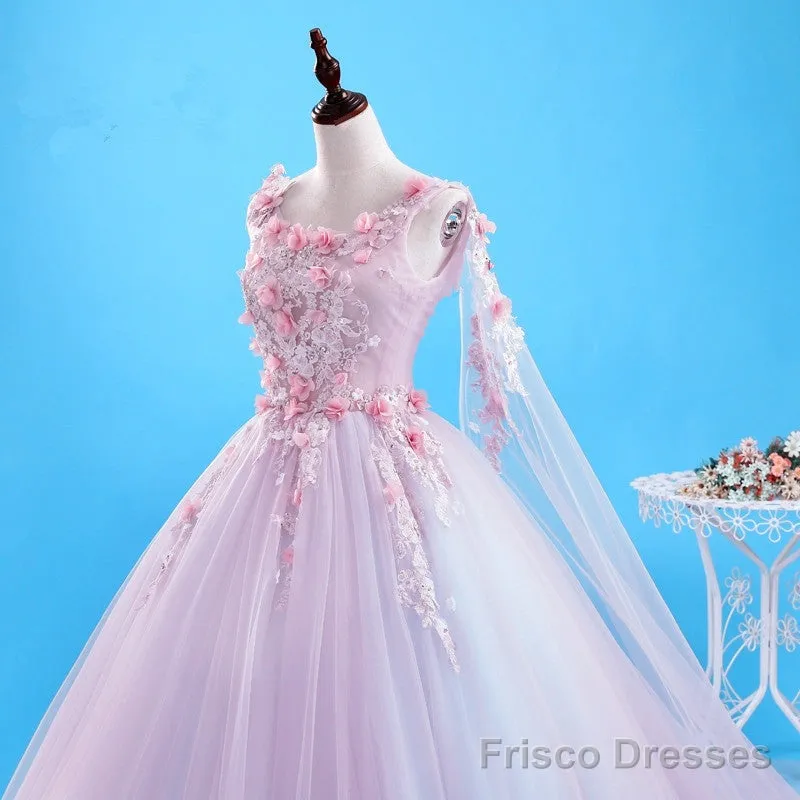 Beautiful Pink Flowers Long Formal Dresses, Pink Sweet 16 Gown Party Dresses