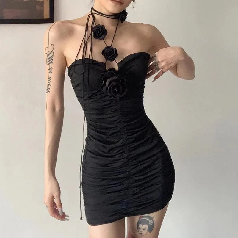 BerryBetty - Appliques solid ruched string dress