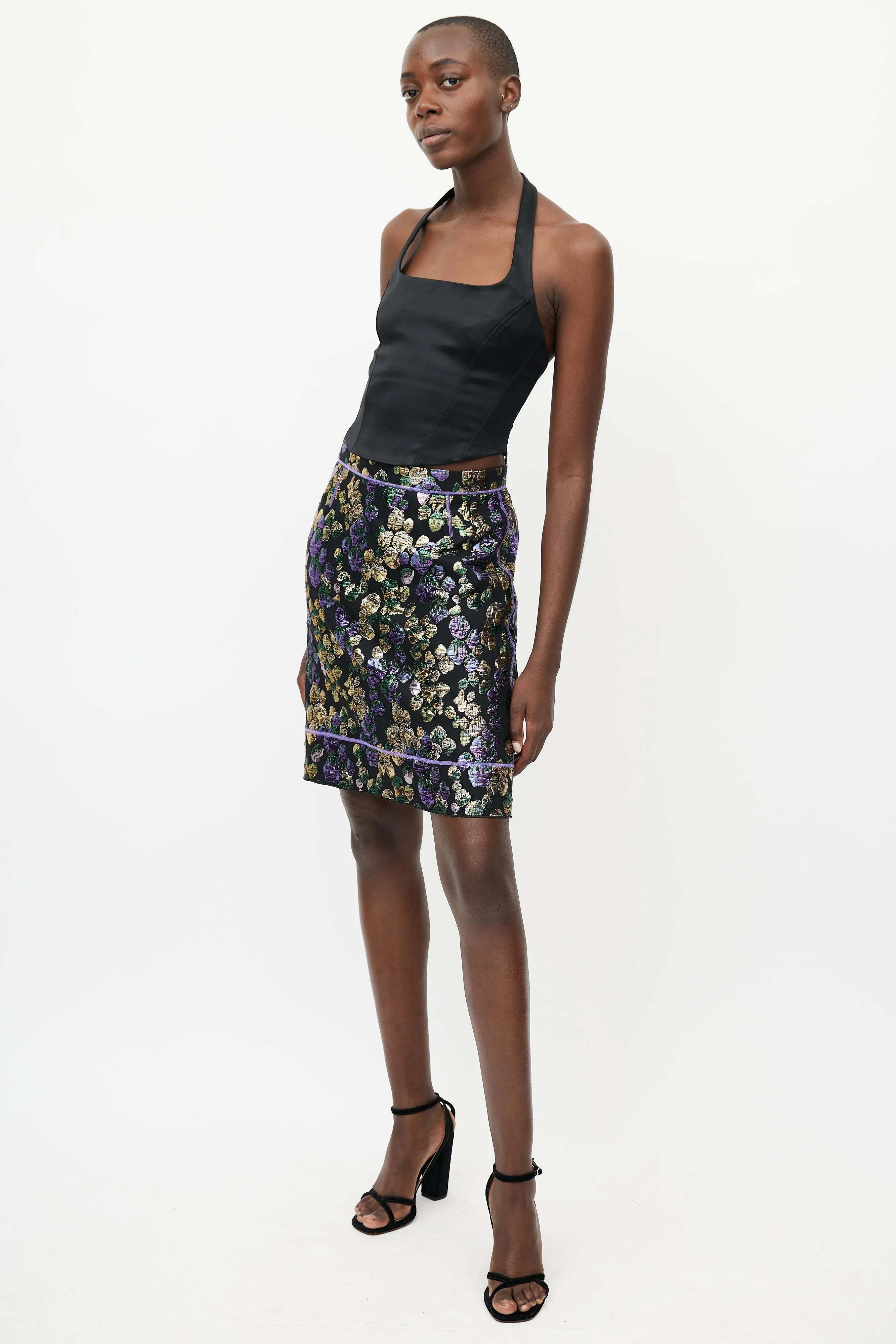 Black & Multicolour Metallic Jacquard Skirt