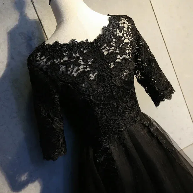 Black Lace and Tulle Short Sleeves Party Dresses Formal Dress Homecoming Dress Evening Dress