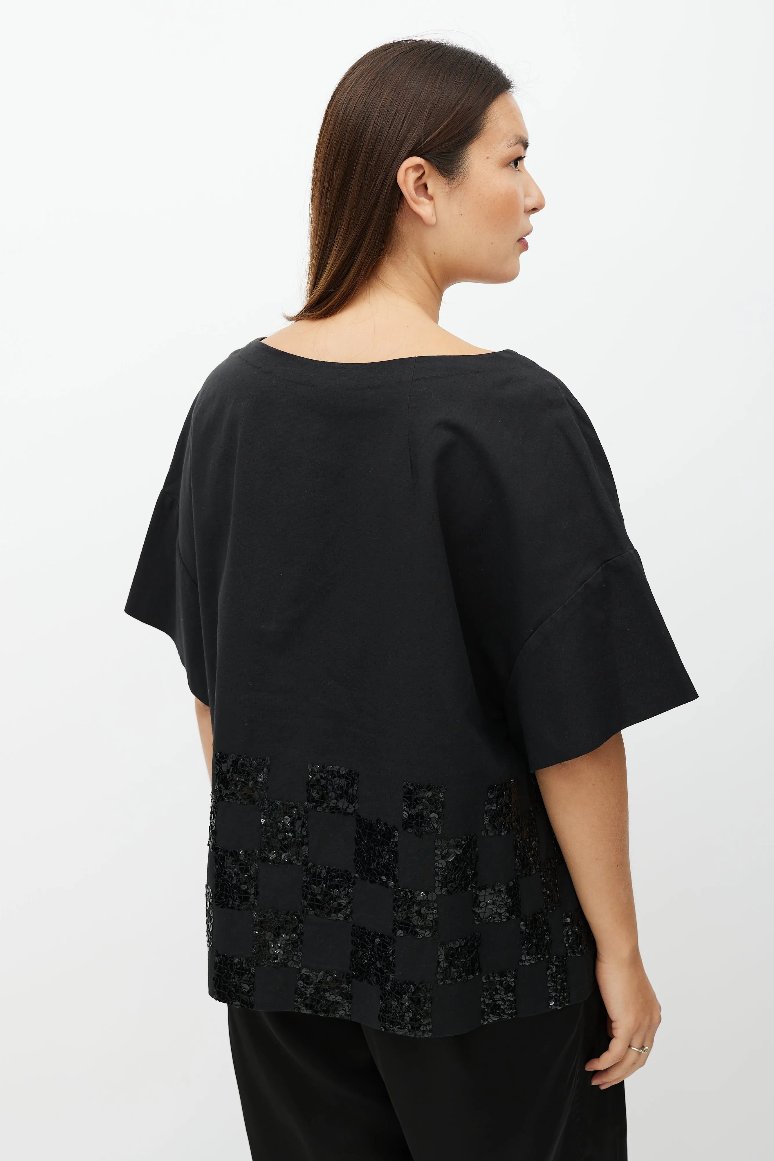Black Sequin Checker Short Sleeve Top