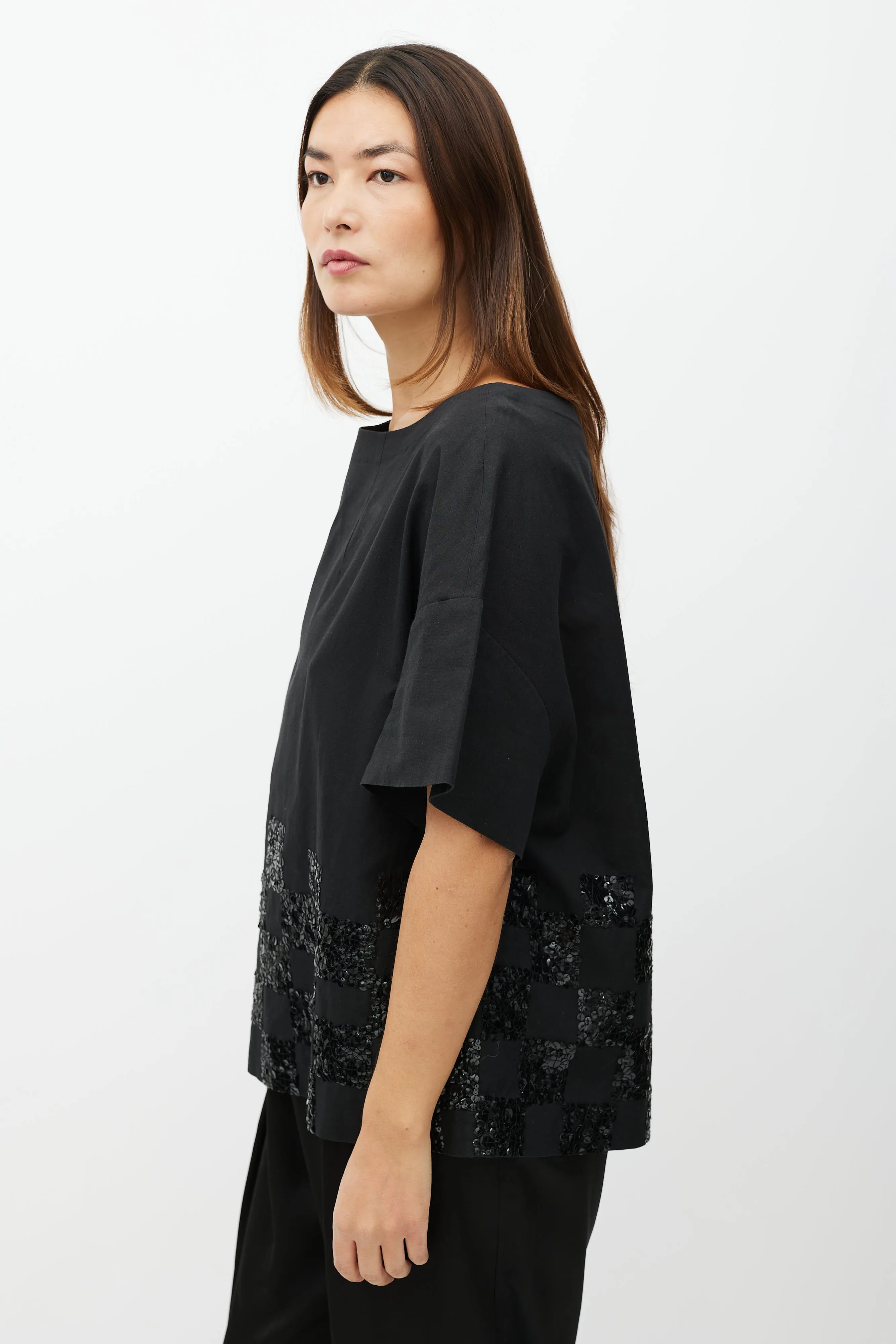 Black Sequin Checker Short Sleeve Top