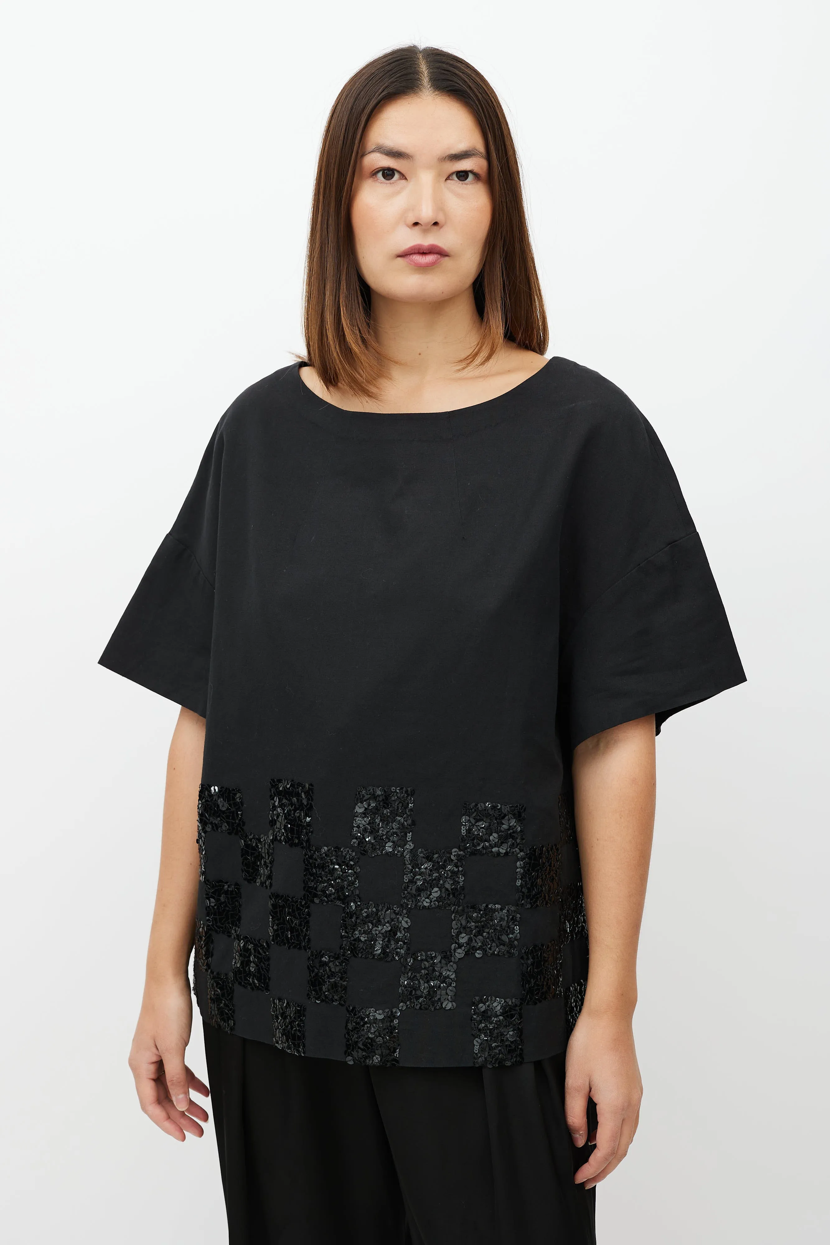 Black Sequin Checker Short Sleeve Top