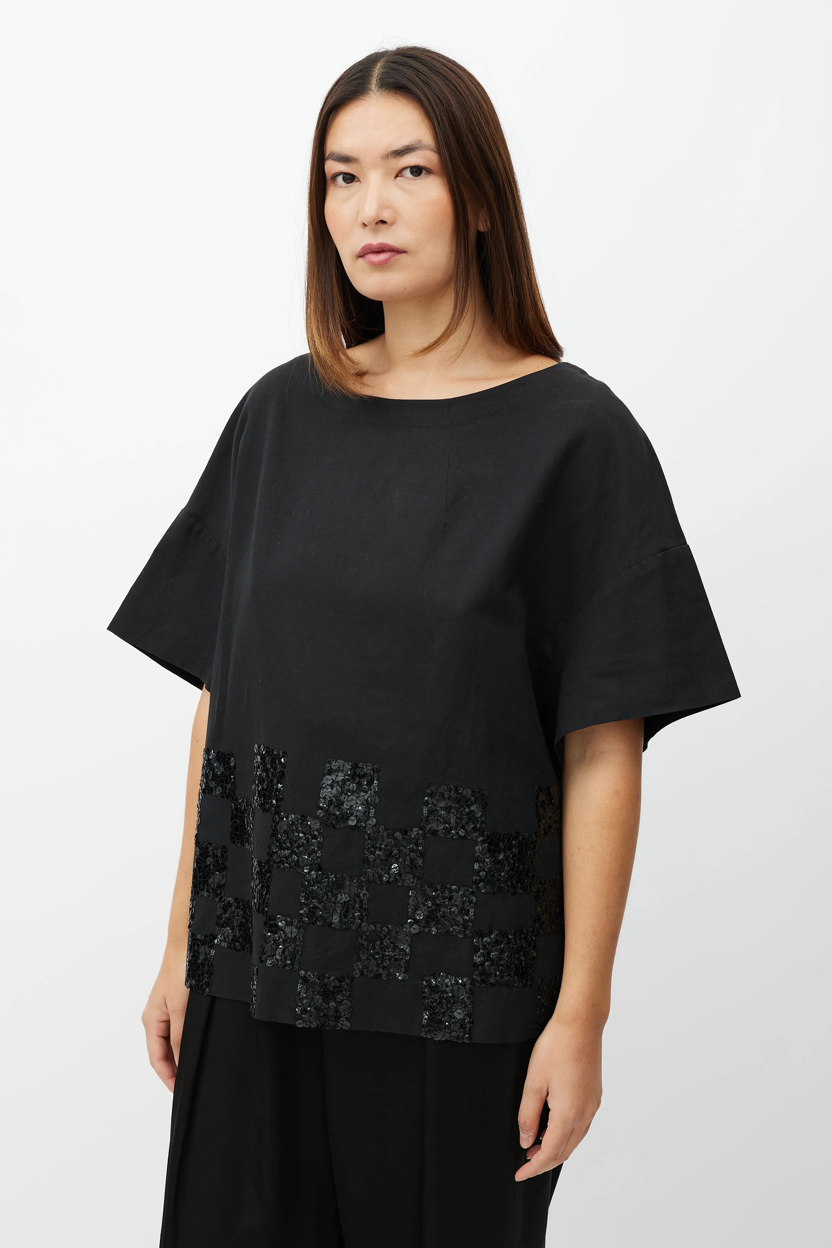 Black Sequin Checker Short Sleeve Top