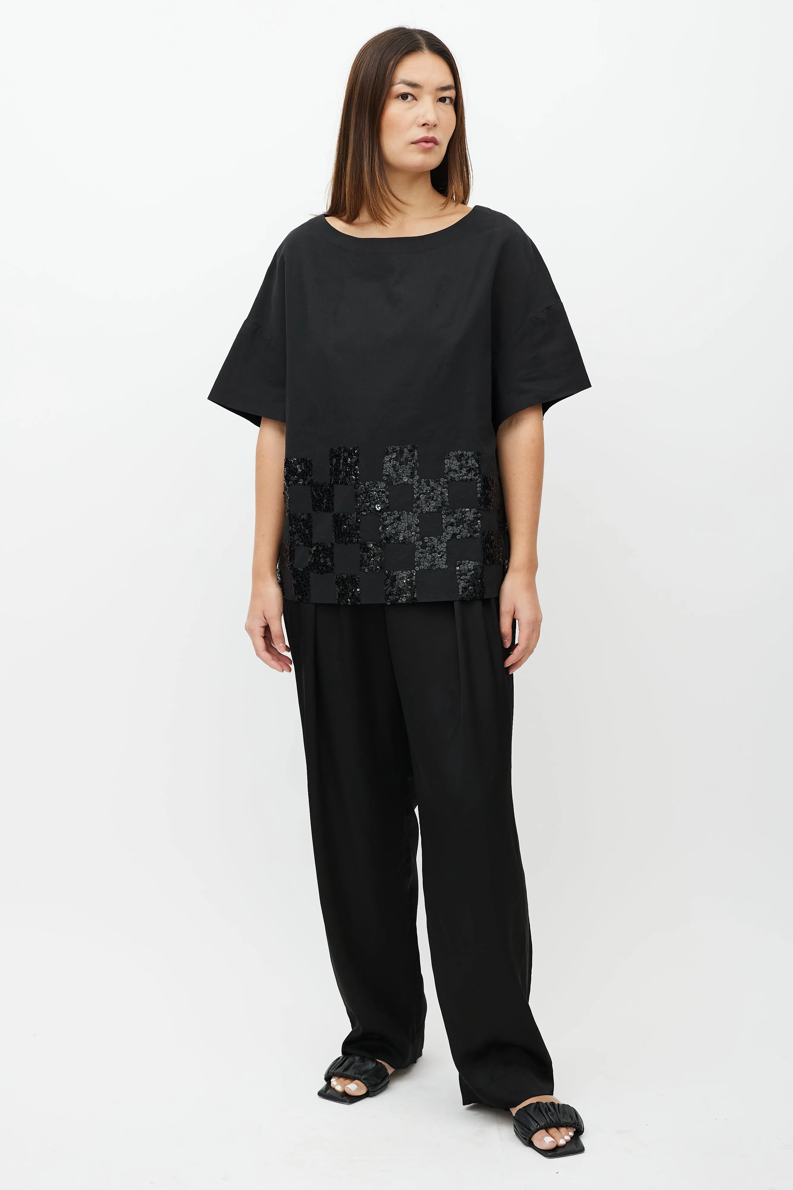 Black Sequin Checker Short Sleeve Top