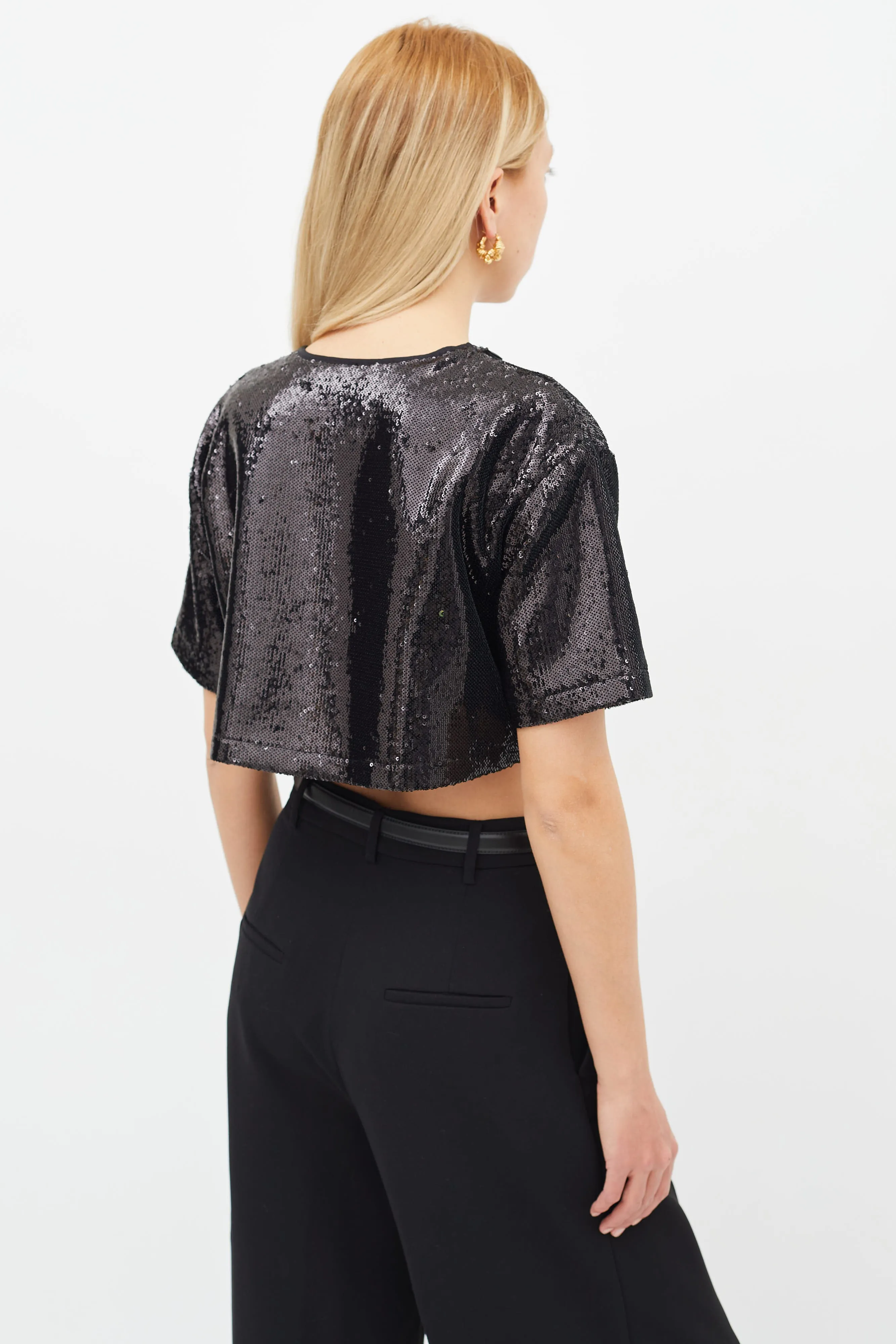 Black Sequin Crop Short Sleeve Top