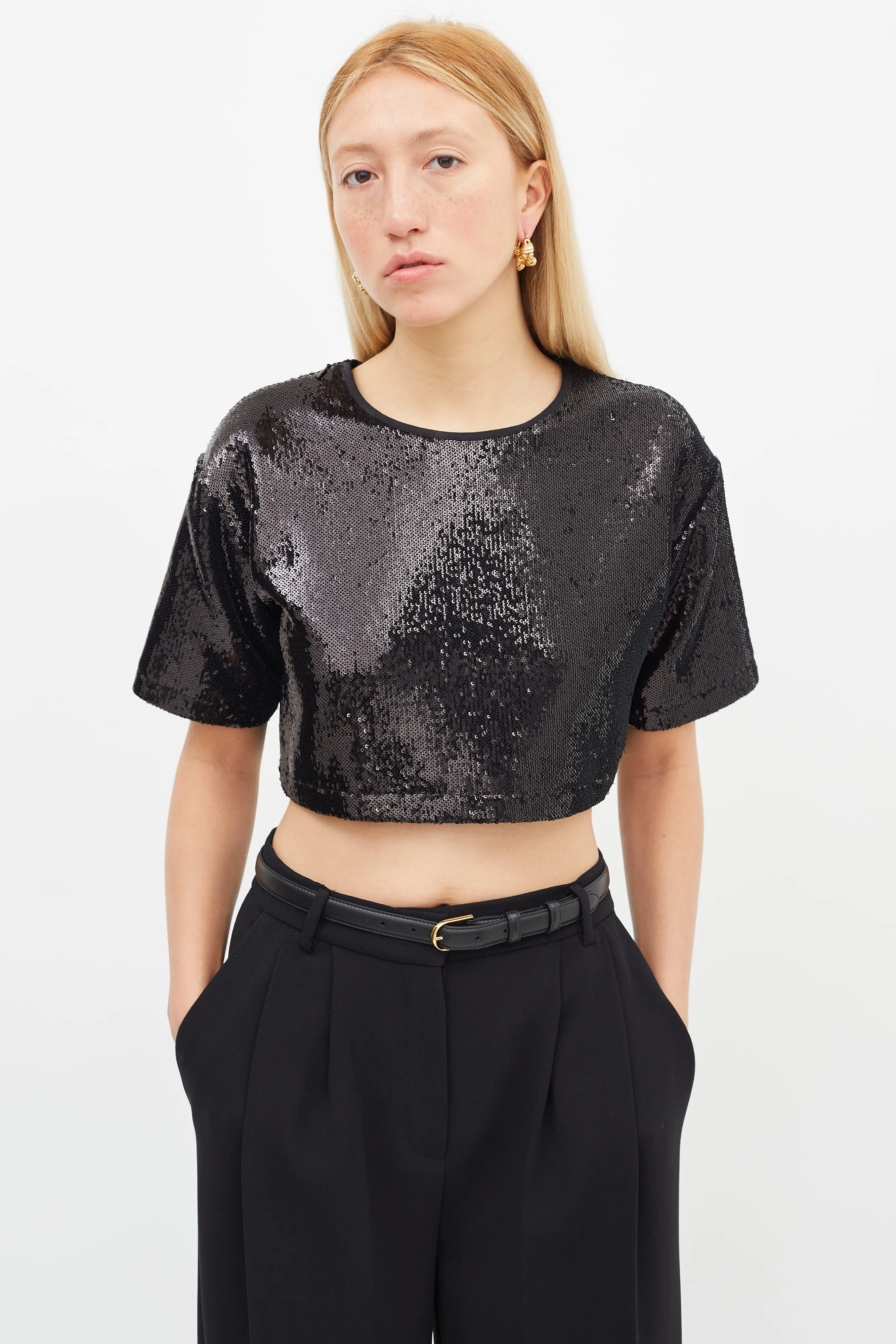 Black Sequin Crop Short Sleeve Top