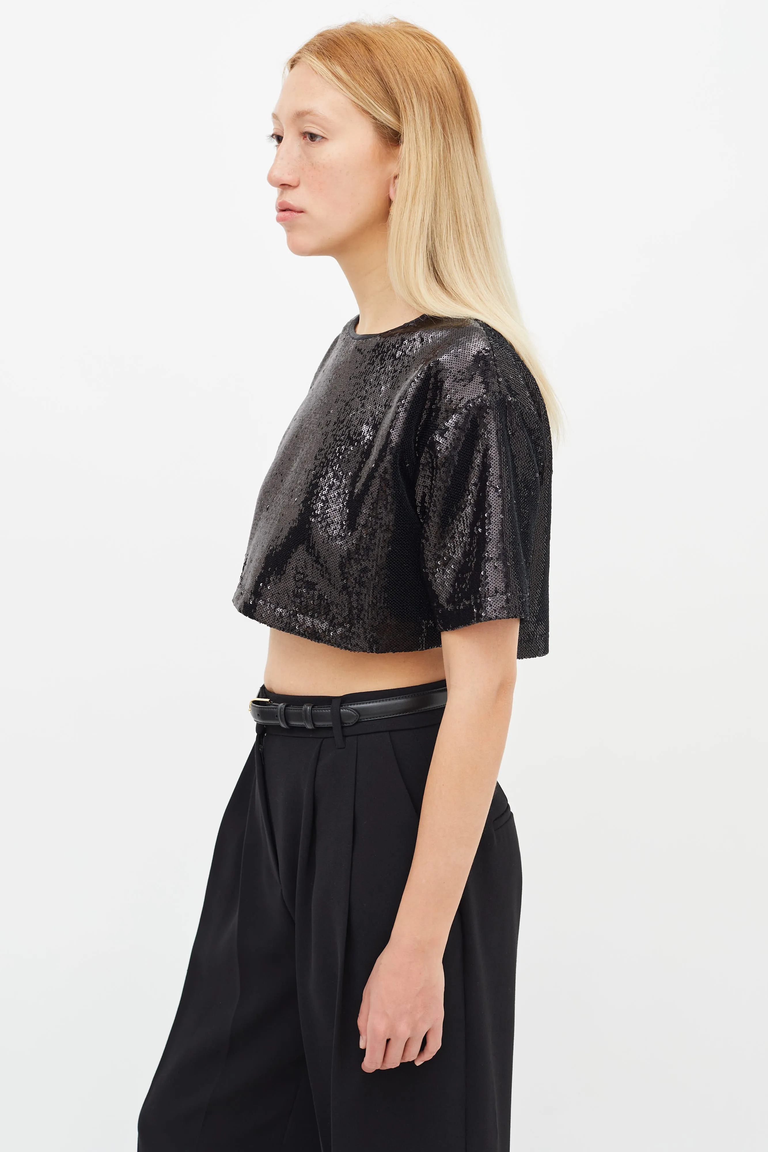 Black Sequin Crop Short Sleeve Top