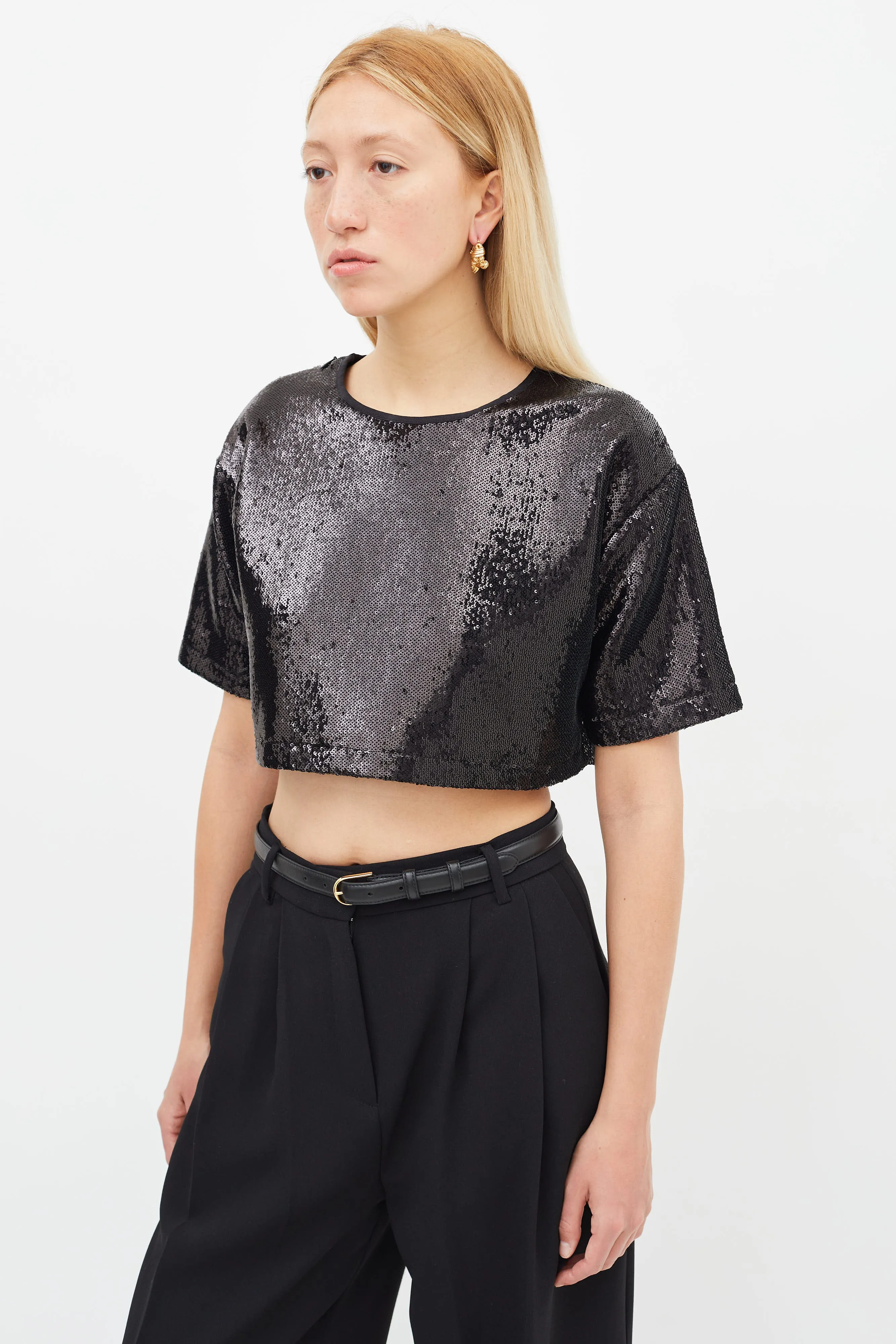 Black Sequin Crop Short Sleeve Top