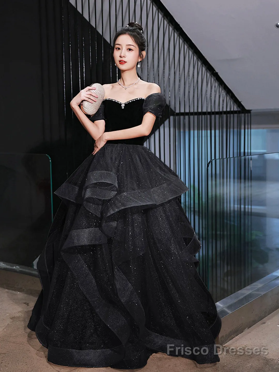Black Velvet And Tulle Long Party Dress, Black A-Line Evening Dress Party Dress