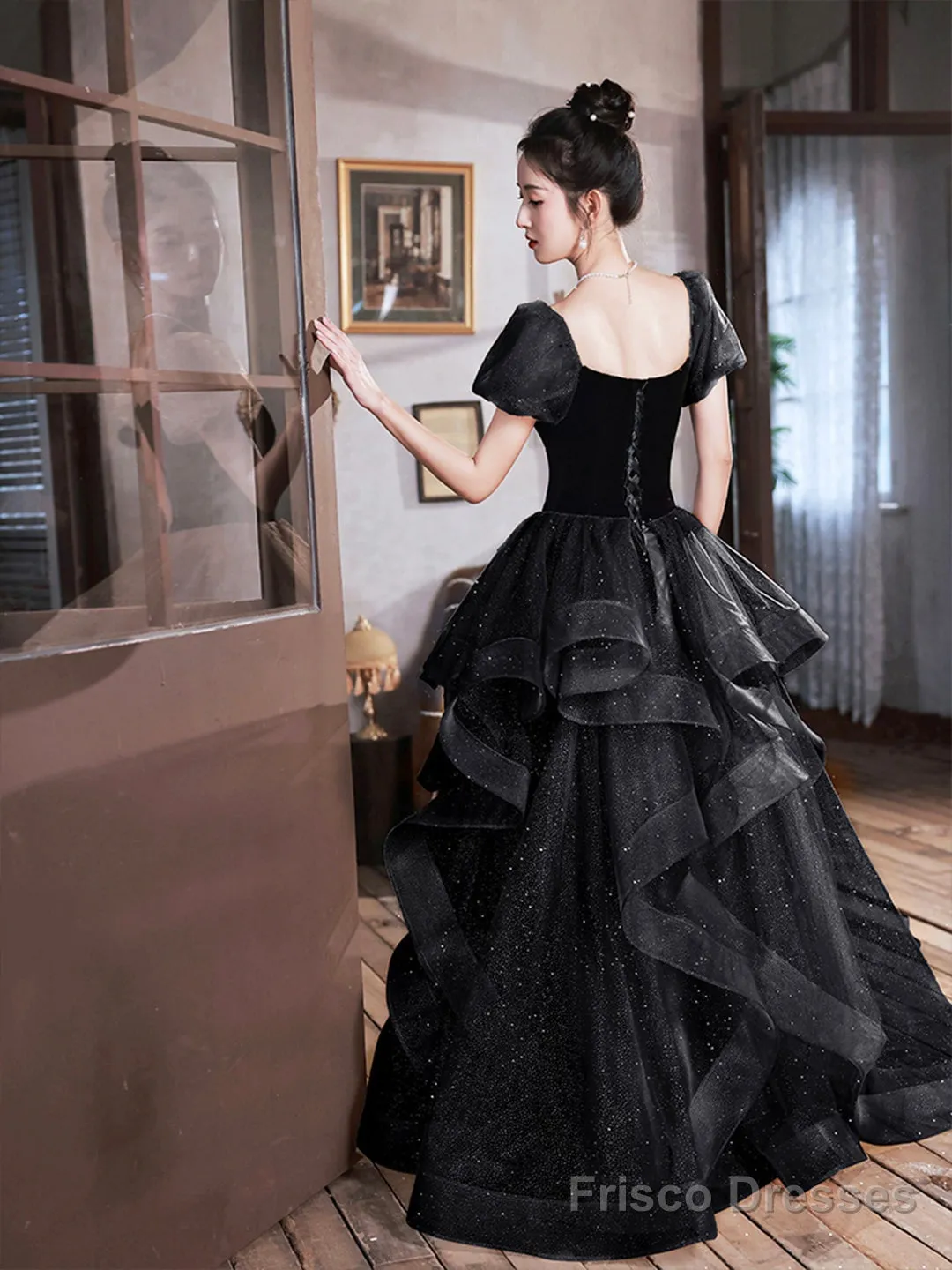Black Velvet And Tulle Long Party Dress, Black A-Line Evening Dress Party Dress