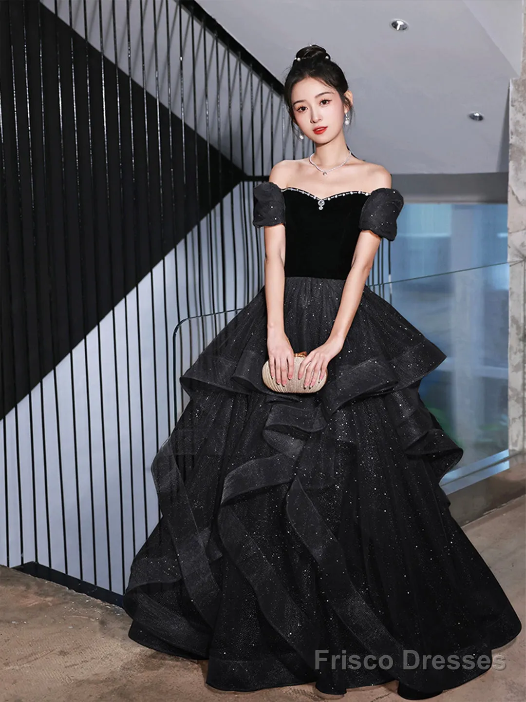 Black Velvet And Tulle Long Party Dress, Black A-Line Evening Dress Party Dress