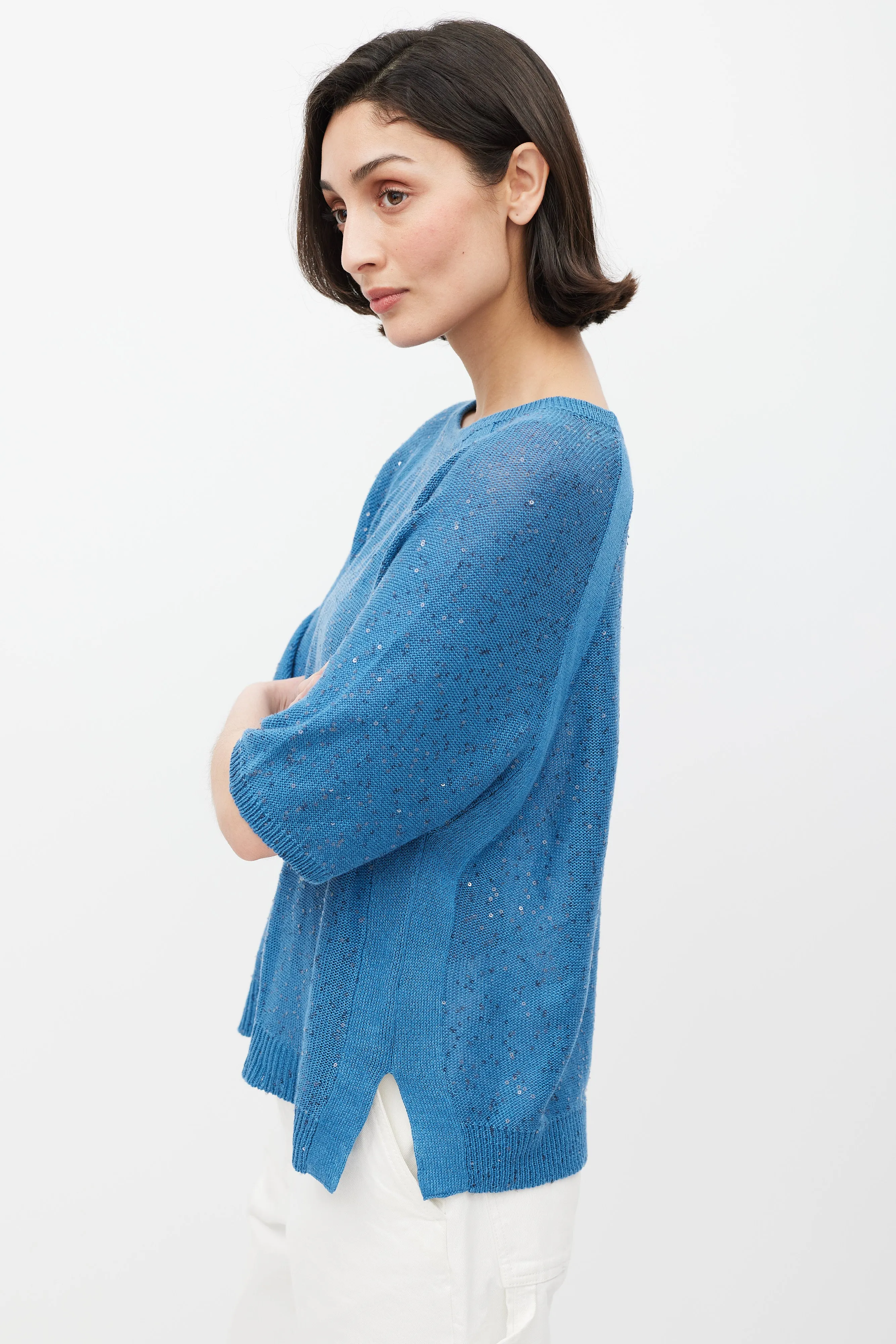 Blue Linen Knit Sequin Top