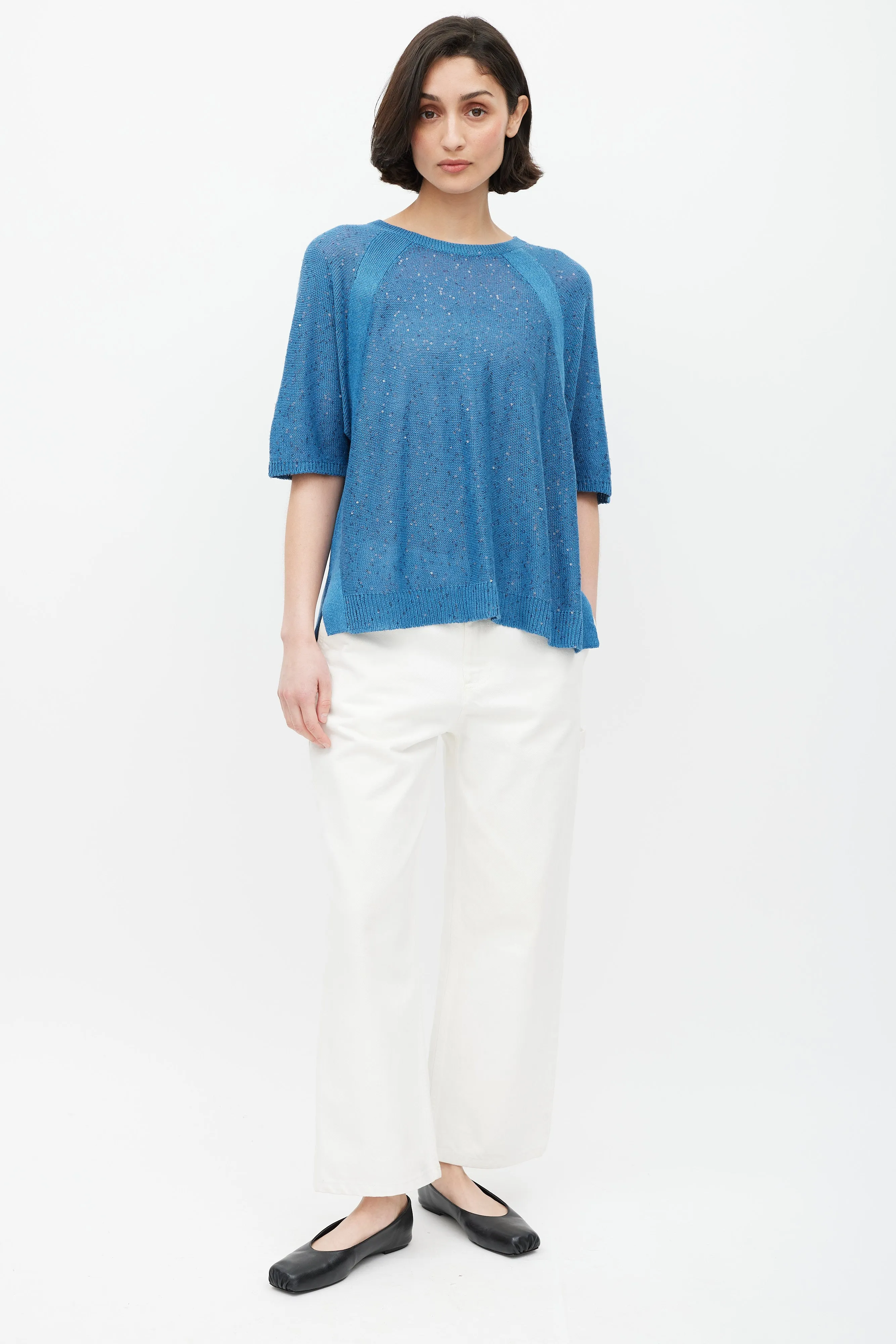 Blue Linen Knit Sequin Top