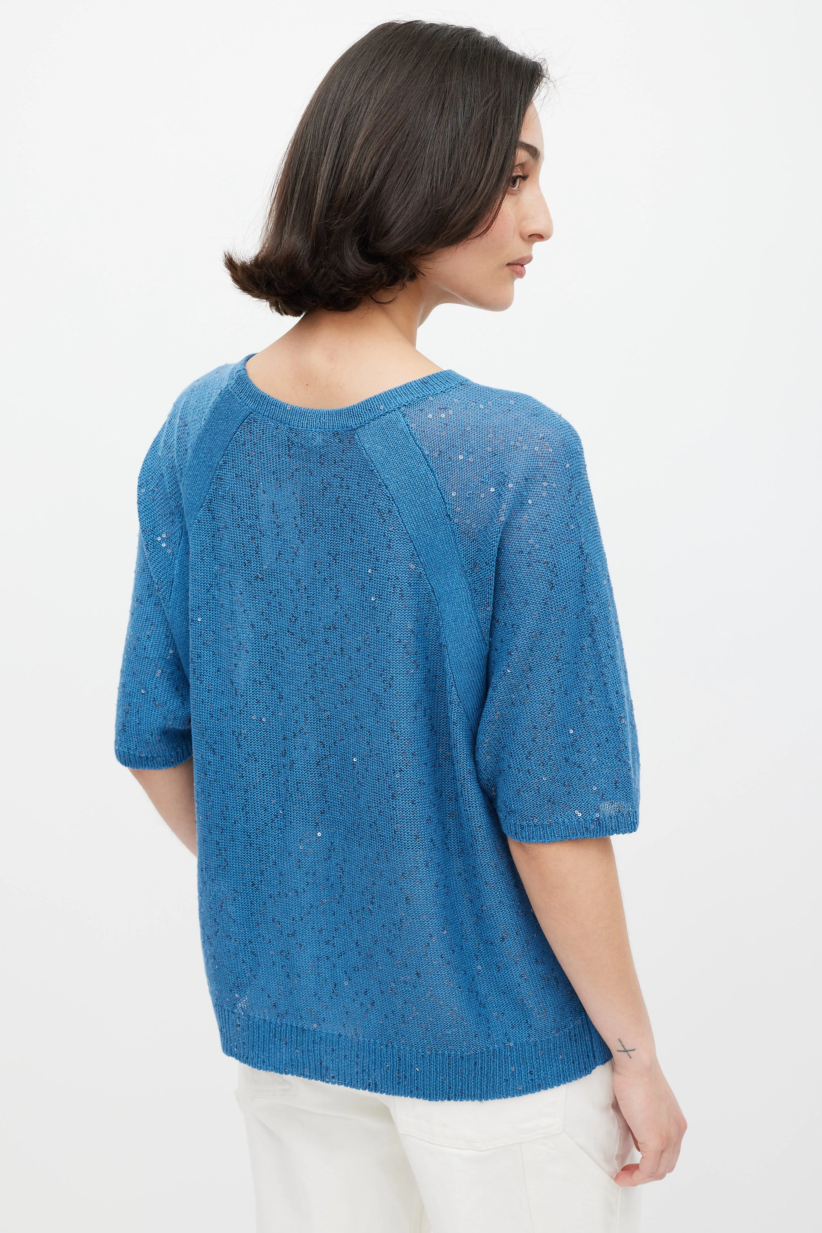 Blue Linen Knit Sequin Top