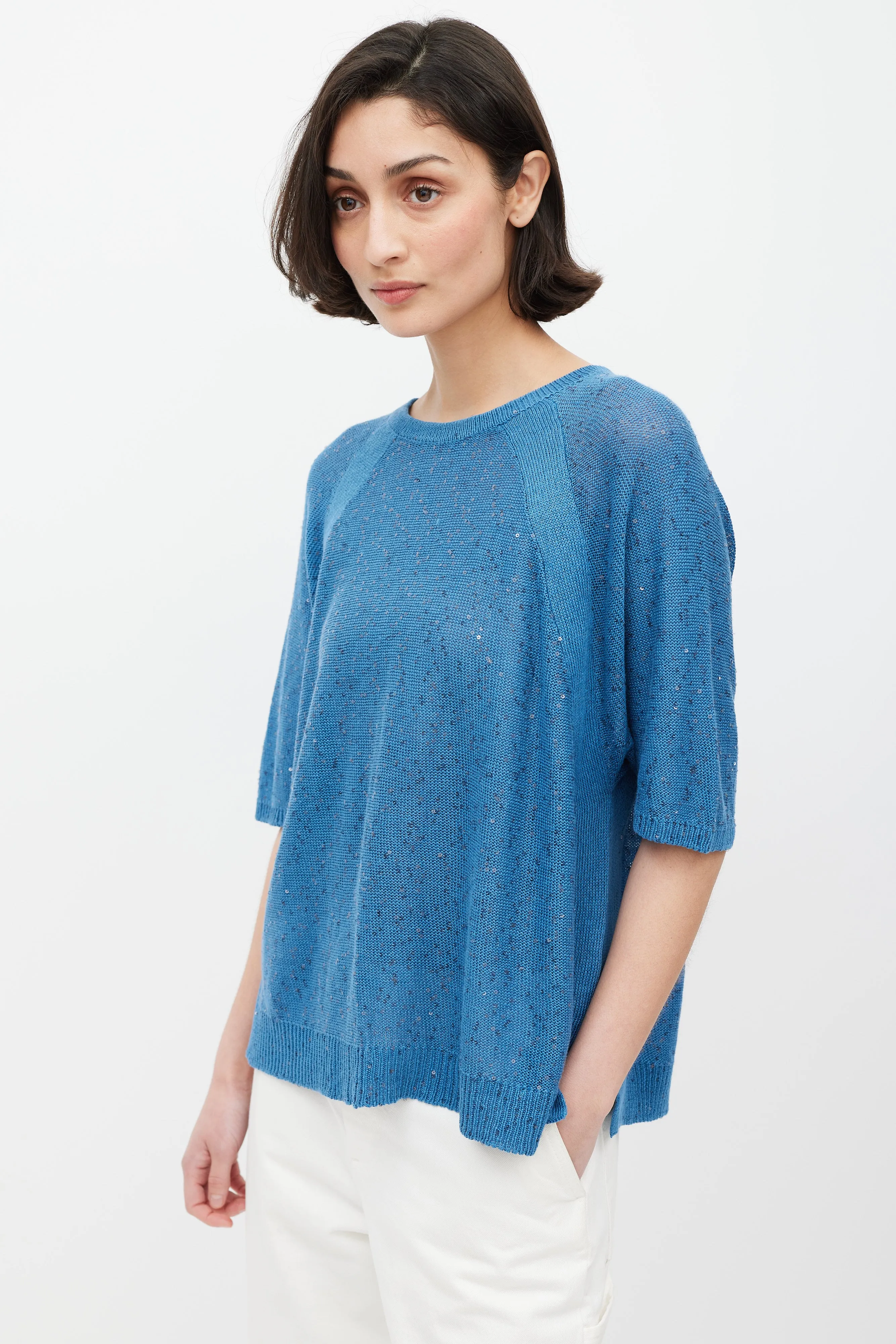 Blue Linen Knit Sequin Top