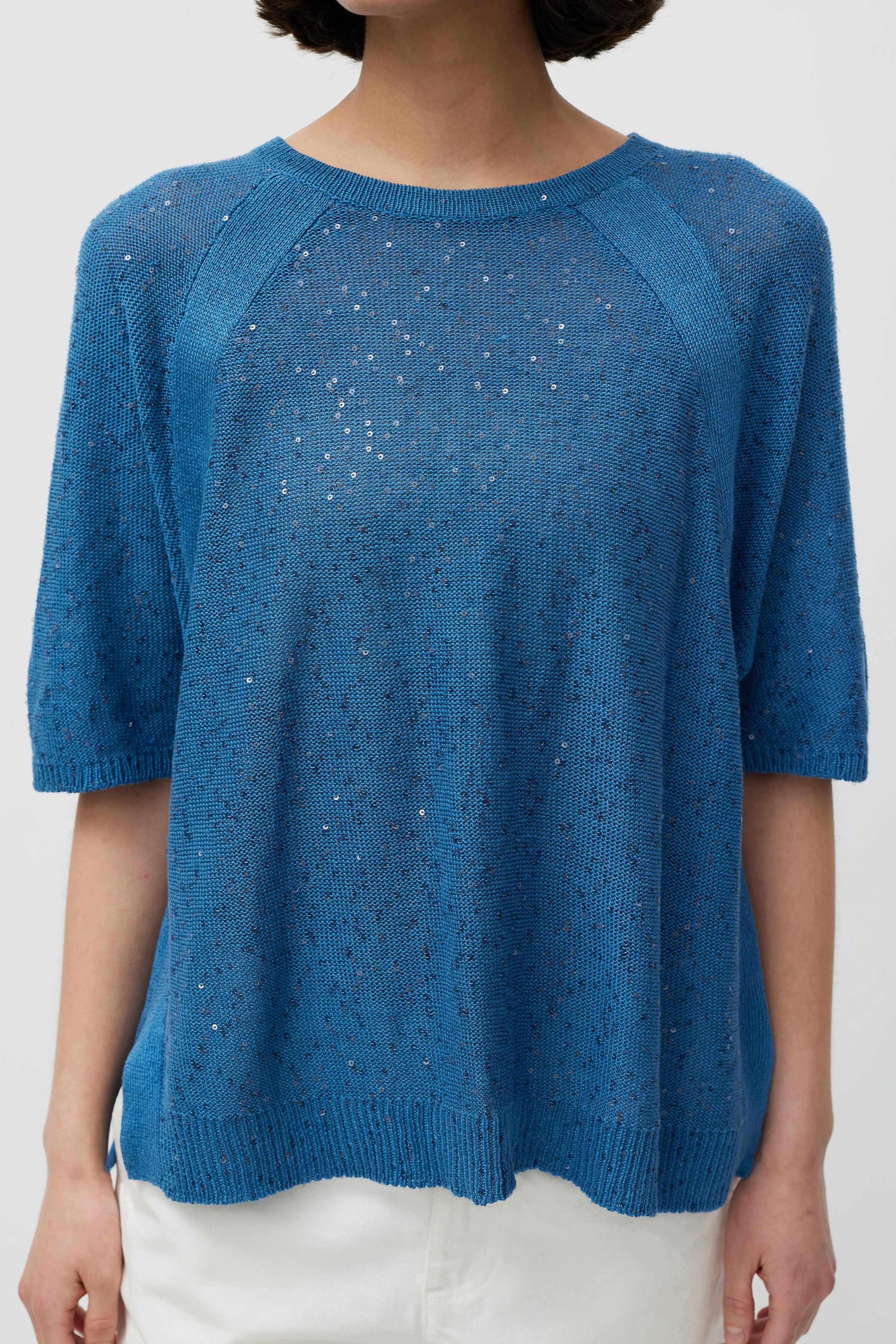 Blue Linen Knit Sequin Top