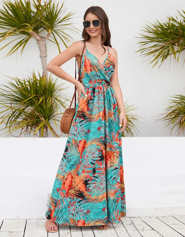 Bohemian Tropical Botanical Print Sling Maxi A Line Dresses