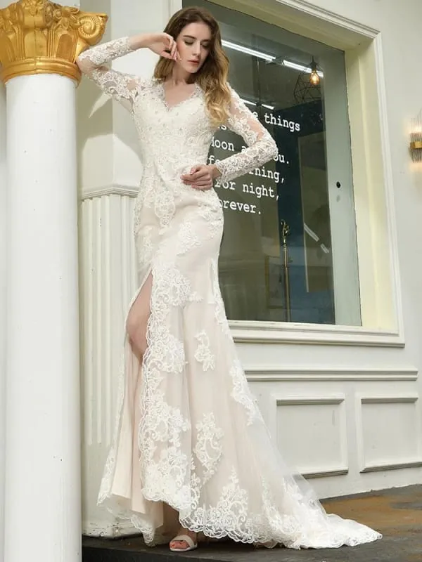 Boho Wedding Dress V Neck Sleeveless Lace Bridal Gowns With Train