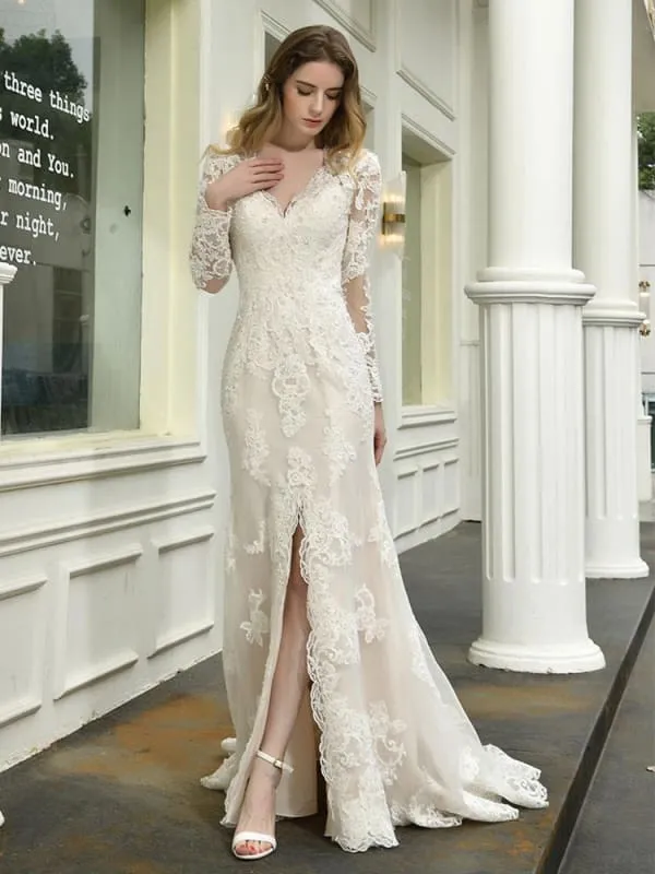 Boho Wedding Dress V Neck Sleeveless Lace Bridal Gowns With Train