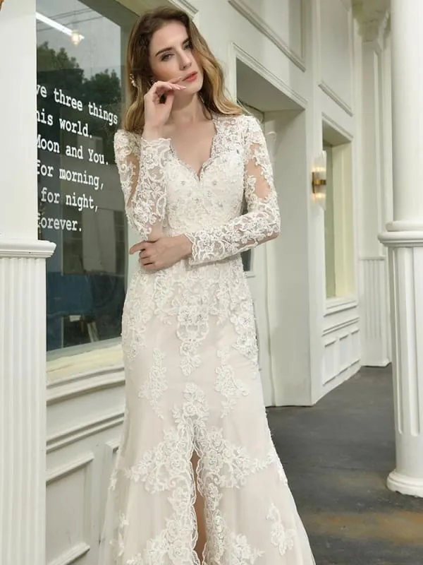 Boho Wedding Dress V Neck Sleeveless Lace Bridal Gowns With Train