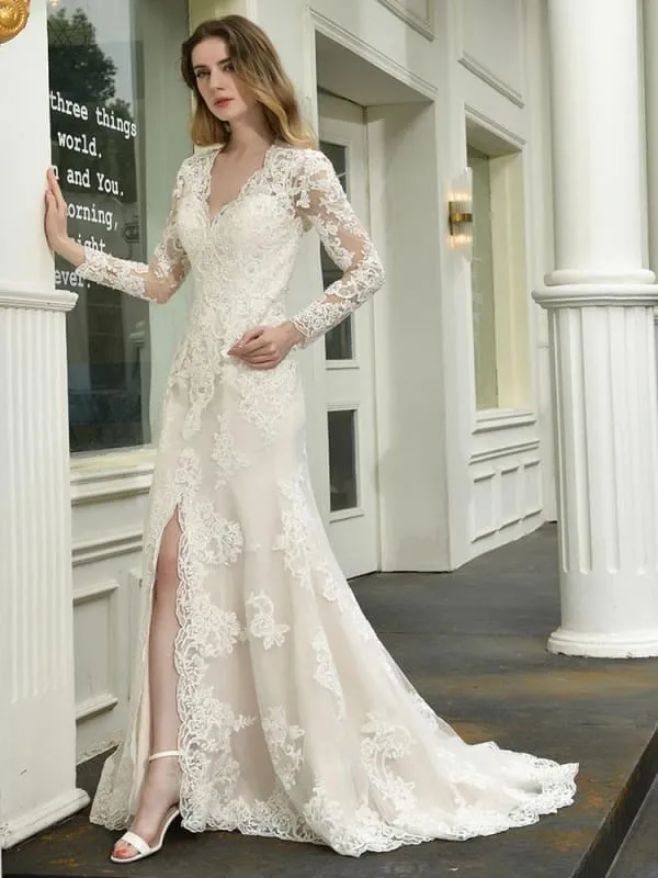 Boho Wedding Dress V Neck Sleeveless Lace Bridal Gowns With Train