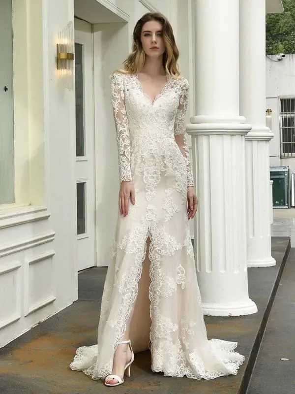 Boho Wedding Dress V Neck Sleeveless Lace Bridal Gowns With Train