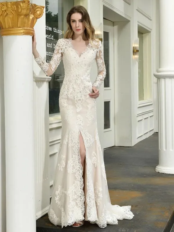 Boho Wedding Dress V Neck Sleeveless Lace Bridal Gowns With Train