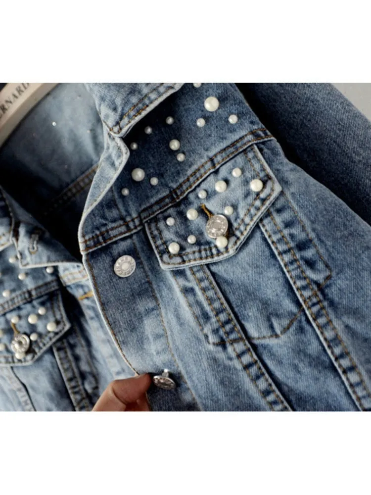 DEAT Fast Delivery New Autumn Fashion Women’s Denim Jacket Full Sleeve Loose Button Pearls
