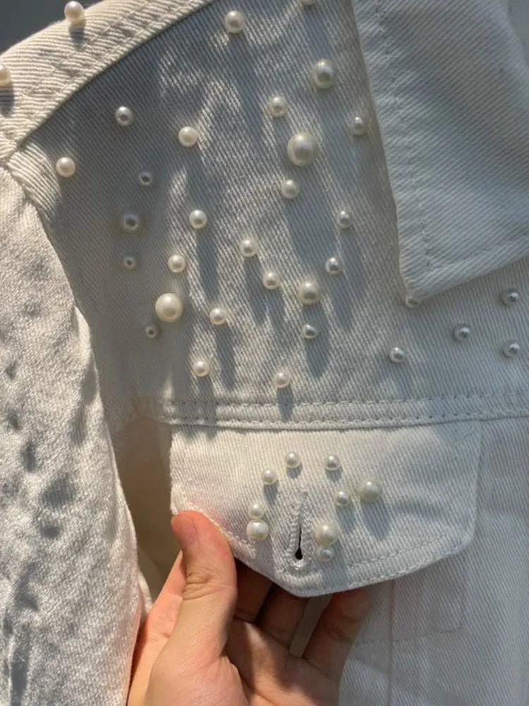 DEAT Fast Delivery New Autumn Fashion Women’s Denim Jacket Full Sleeve Loose Button Pearls