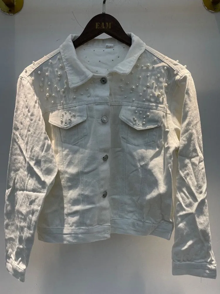 DEAT Fast Delivery New Autumn Fashion Women’s Denim Jacket Full Sleeve Loose Button Pearls