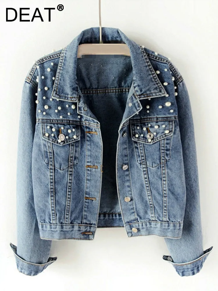 DEAT Fast Delivery New Autumn Fashion Women’s Denim Jacket Full Sleeve Loose Button Pearls