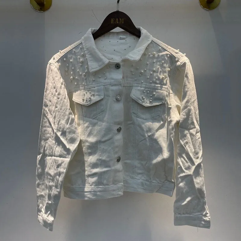 DEAT Fast Delivery New Autumn Fashion Women’s Denim Jacket Full Sleeve Loose Button Pearls