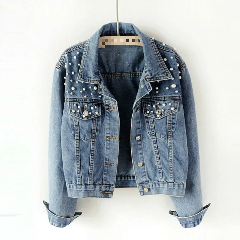 DEAT Fast Delivery New Autumn Fashion Women’s Denim Jacket Full Sleeve Loose Button Pearls