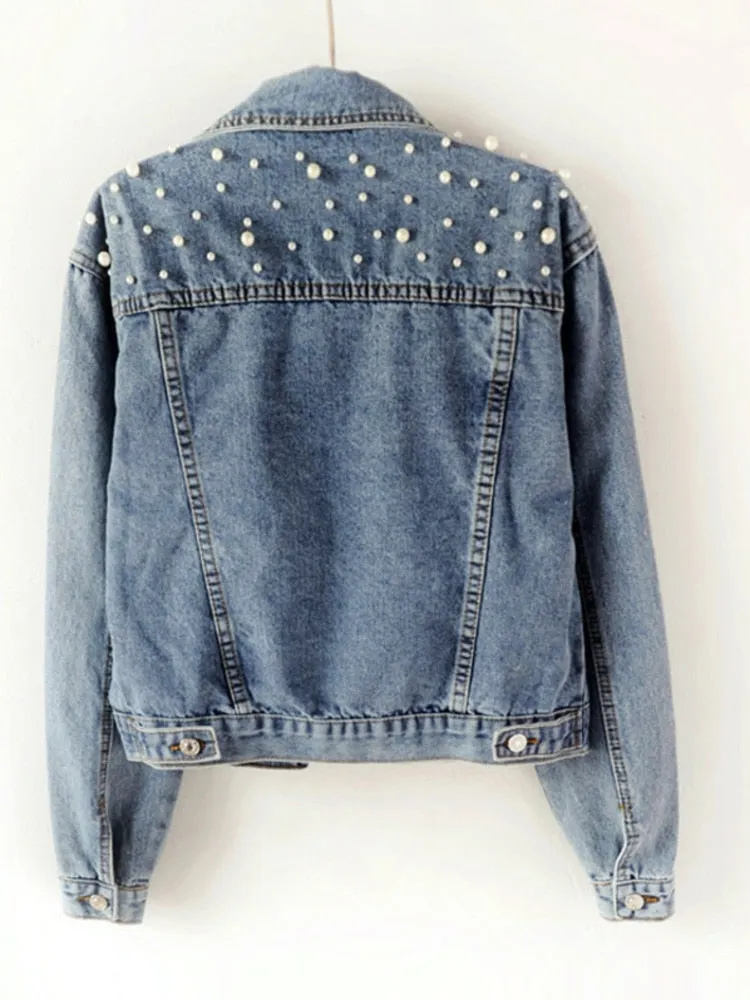 DEAT Fast Delivery New Autumn Fashion Women’s Denim Jacket Full Sleeve Loose Button Pearls