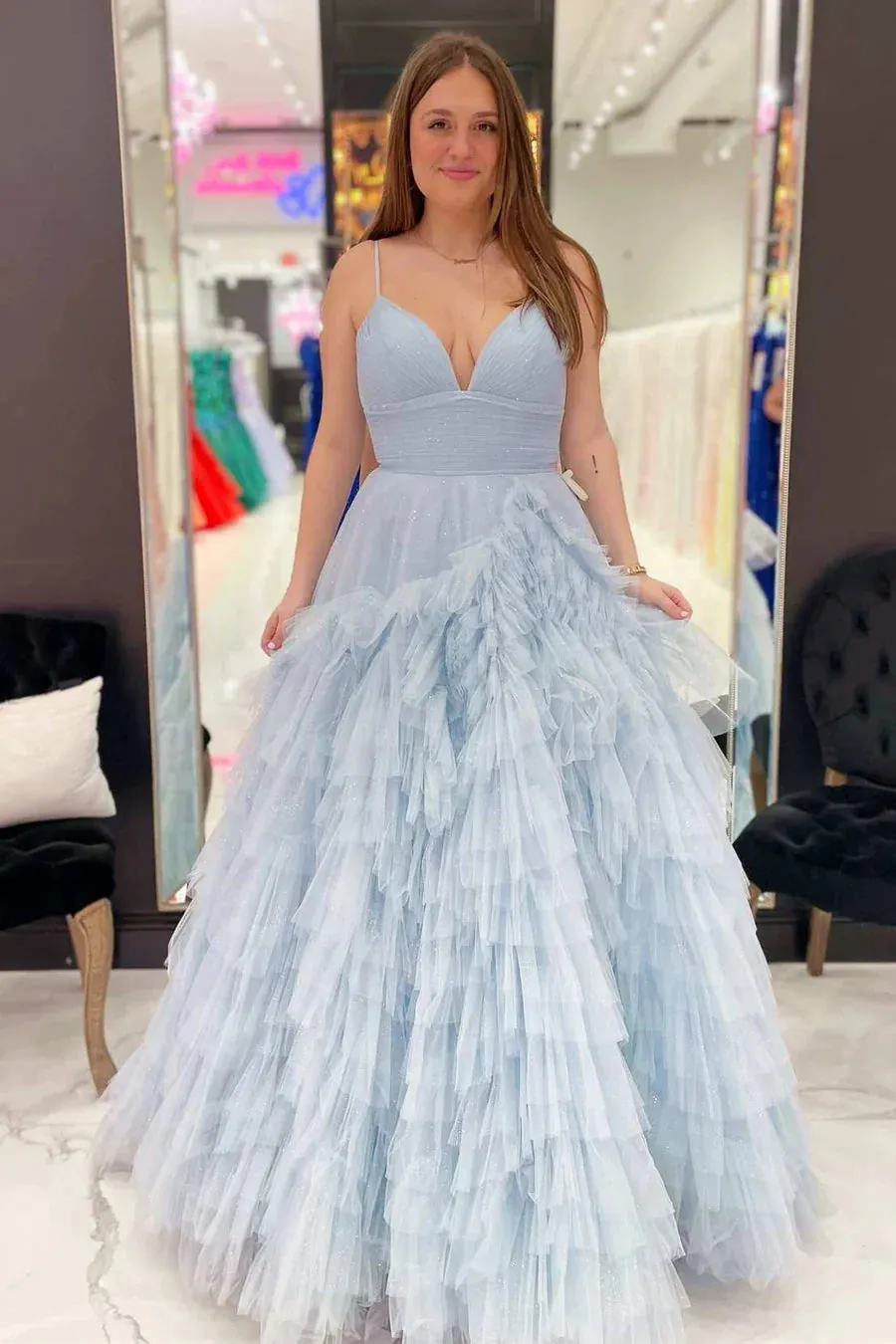 Dress Formal Women's Dresses High-Waist Tiered with Ruffles Tulle Party Dress Prom Dresses Shops
