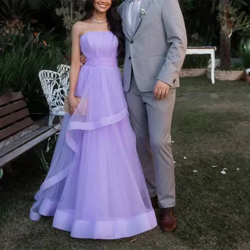 Dress Wholesale Lavender Tulle Long Dresses Wedding Party Ruffles Strapless Prom Dresses Formal Occasion Dress