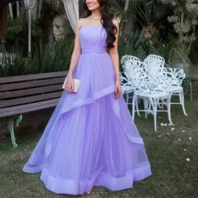 Dress Wholesale Lavender Tulle Long Dresses Wedding Party Ruffles Strapless Prom Dresses Formal Occasion Dress