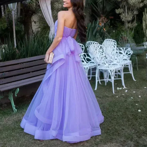 Dress Wholesale Lavender Tulle Long Dresses Wedding Party Ruffles Strapless Prom Dresses Formal Occasion Dress