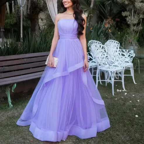 Dress Wholesale Lavender Tulle Long Dresses Wedding Party Ruffles Strapless Prom Dresses Formal Occasion Dress