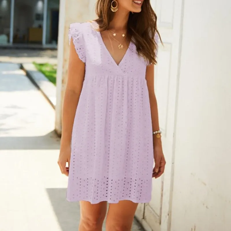 Fashionkova   Lace Jacquard Mini White Dresses For Women 2022 Elegant V Neck Flying Sleeve Beach Vacation Party Loose Casual Dress Black Pink