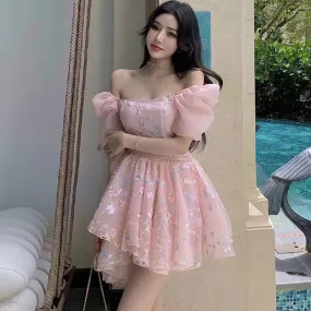 Fashionkova  Luxurious Embroidery Floral Dresses For Women Court Style Chiffon Puff Sleeves Pink Mini Sweet Fairy Dress Party Ball Gown 2022