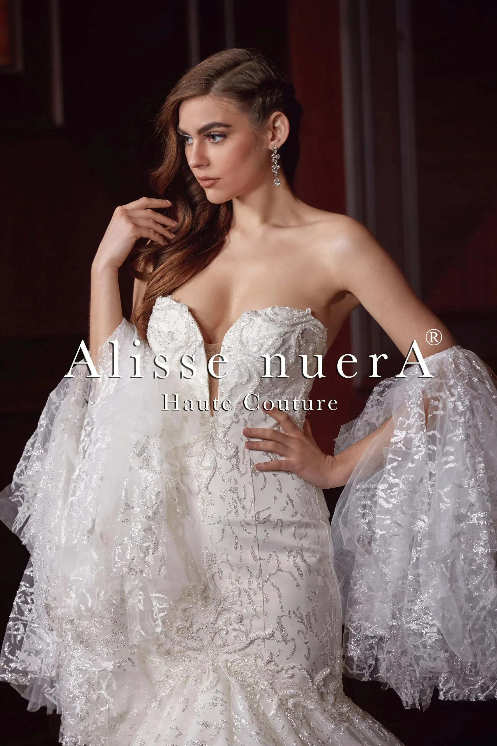 Glittering Trumpet Skirt Wedding Dress with Removable Sparkling Tulle Sleeve