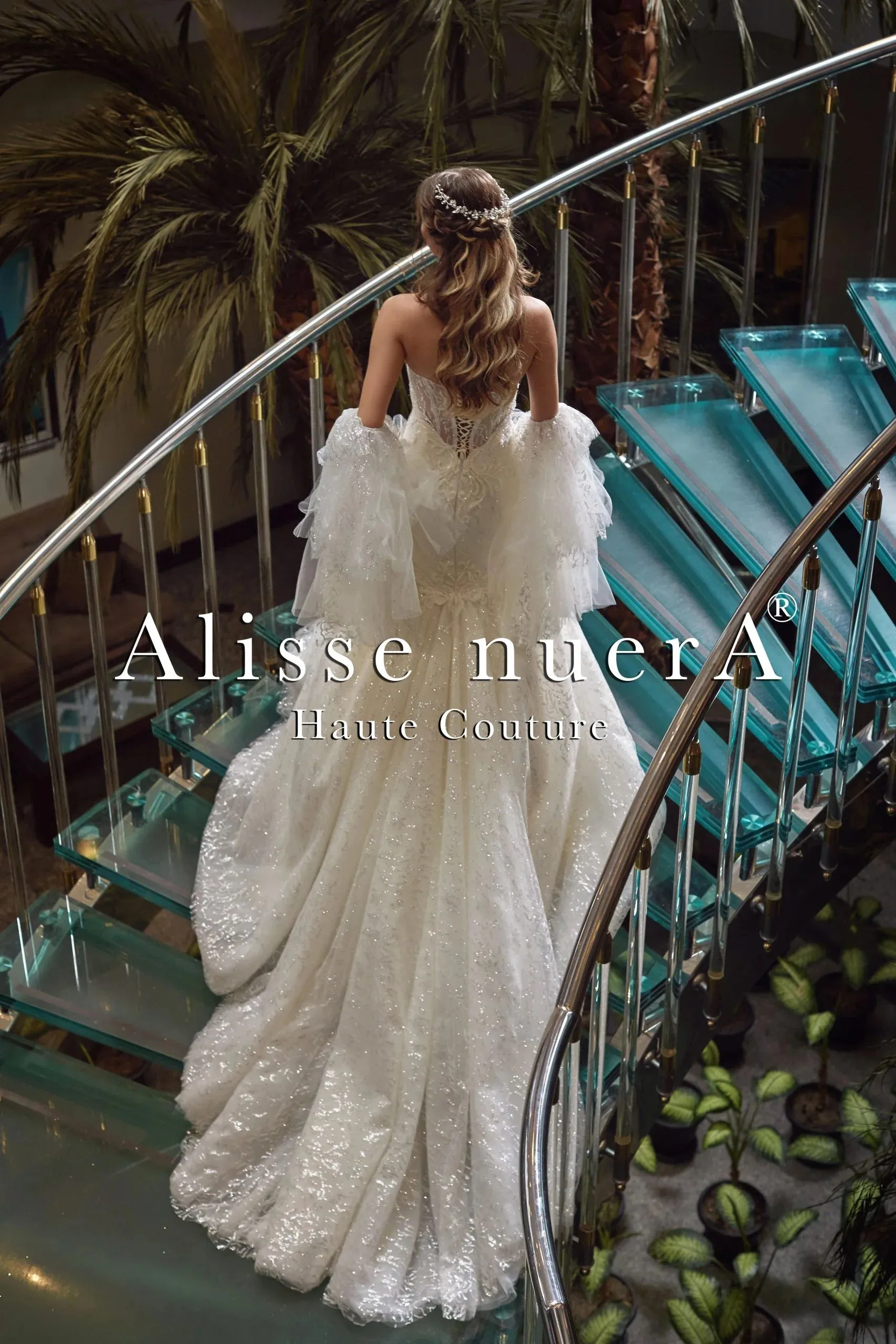 Glittering Trumpet Skirt Wedding Dress with Removable Sparkling Tulle Sleeve