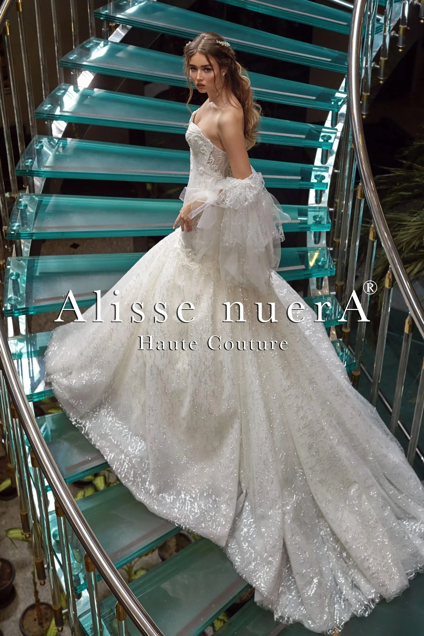 Glittering Trumpet Skirt Wedding Dress with Removable Sparkling Tulle Sleeve
