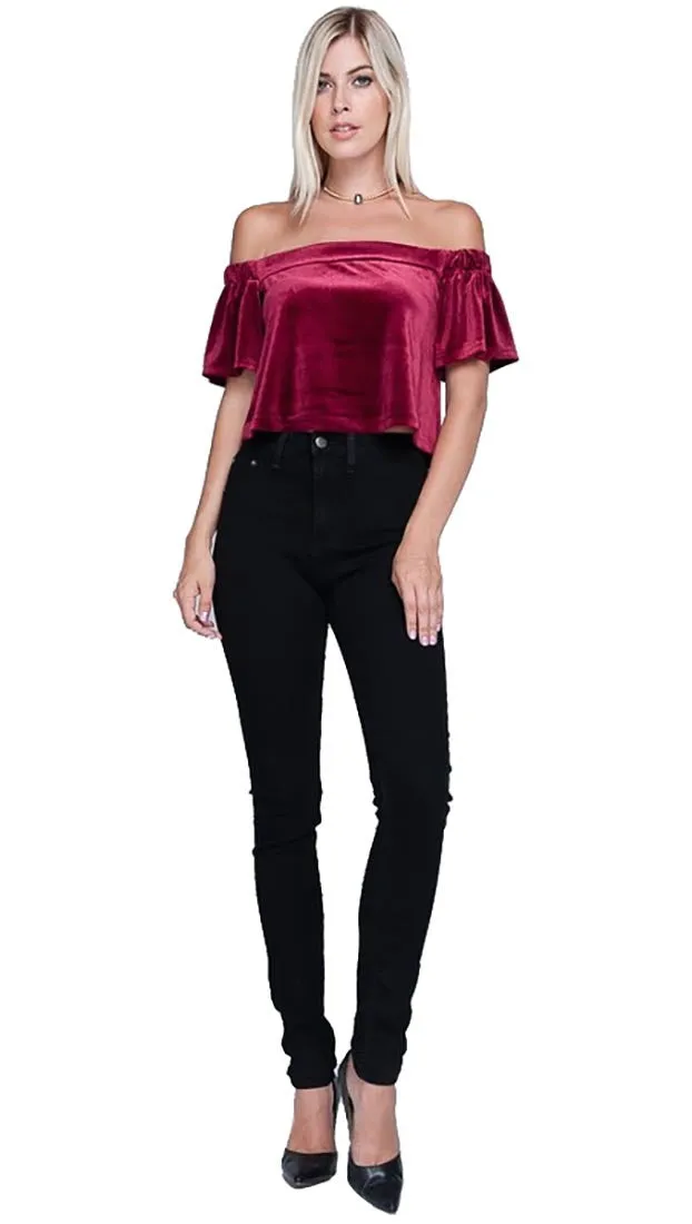Harem Girl Velvet Off Shoulder Crop Top Rouge