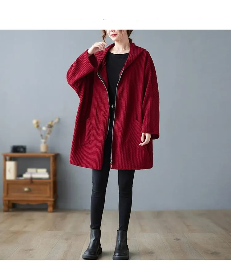 Hooded Textured Swing Coat Stripe Fabric Zipper Closure Fall/Winter Cranberry